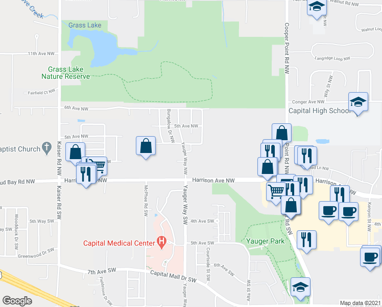 map of restaurants, bars, coffee shops, grocery stores, and more near 3629 4th Avenue Northwest in Olympia