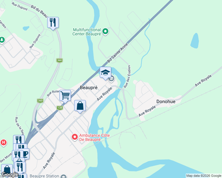 map of restaurants, bars, coffee shops, grocery stores, and more near 11359 Avenue Royale in Beaupré