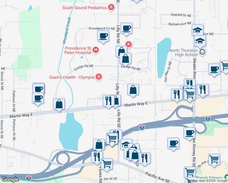 map of restaurants, bars, coffee shops, grocery stores, and more near 149 Lilly Road Northeast in Olympia