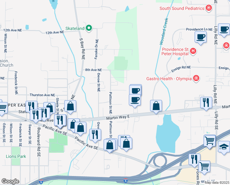 map of restaurants, bars, coffee shops, grocery stores, and more near 2911 Applehill Court Northeast in Olympia