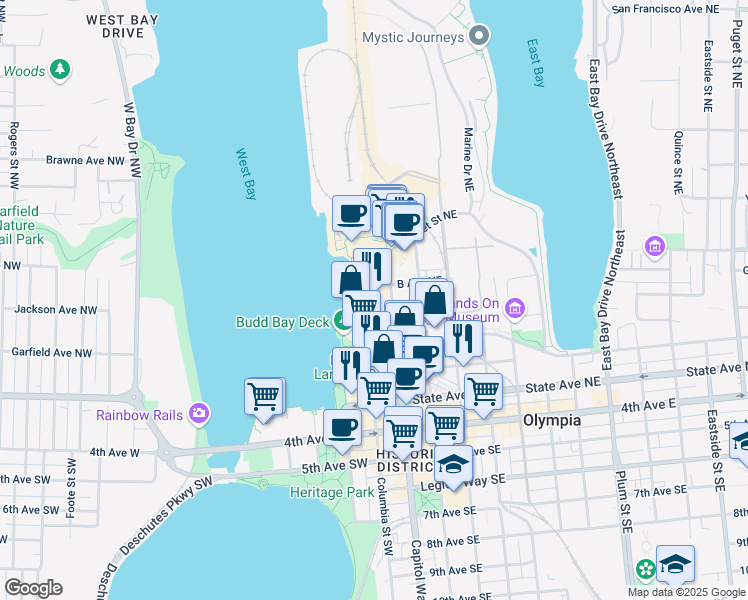 map of restaurants, bars, coffee shops, grocery stores, and more near 500 Columbia Street Northwest in Olympia