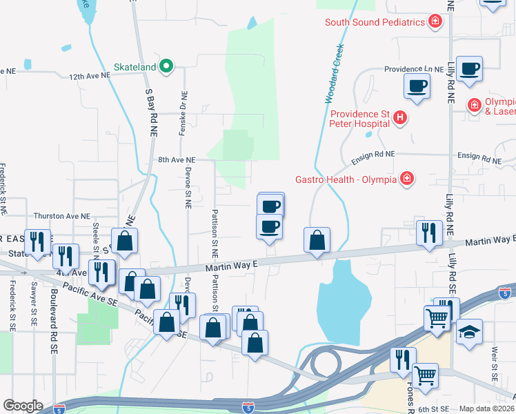 map of restaurants, bars, coffee shops, grocery stores, and more near 3034 Applehill Court Northeast in Olympia