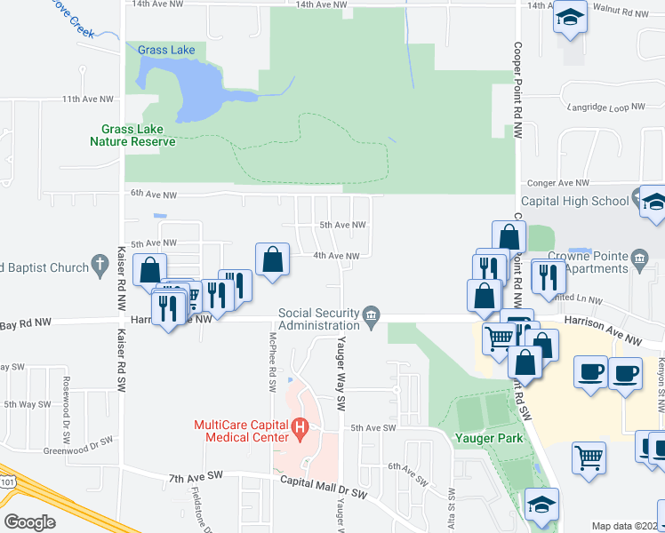 map of restaurants, bars, coffee shops, grocery stores, and more near 3709 4th Avenue Northwest in Olympia