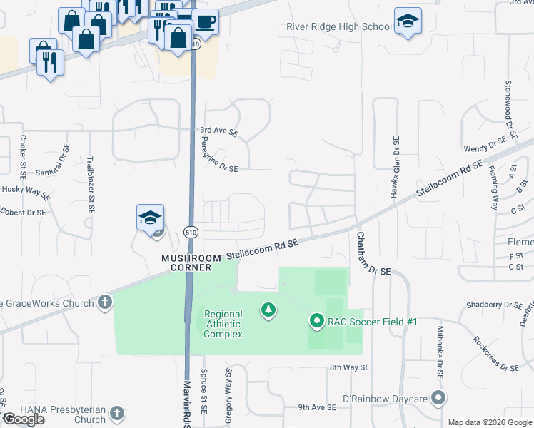 map of restaurants, bars, coffee shops, grocery stores, and more near 8322 Steilacoom Rd SE in Olympia