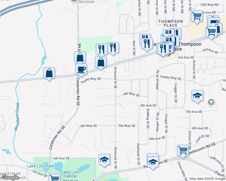 map of restaurants, bars, coffee shops, grocery stores, and more near 6805 3rd Way Southeast in Olympia