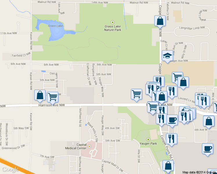 map of restaurants, bars, coffee shops, grocery stores, and more near 3629 4th Avenue Northwest in Olympia