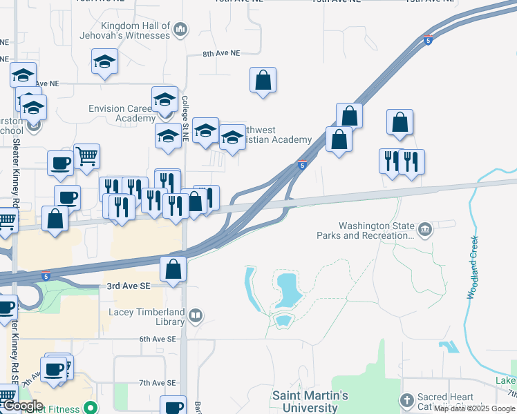 map of restaurants, bars, coffee shops, grocery stores, and more near in Lacey