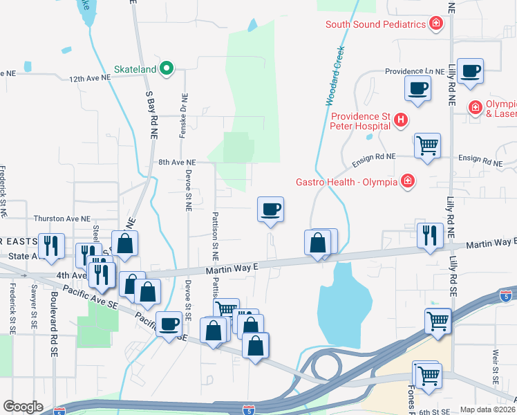 map of restaurants, bars, coffee shops, grocery stores, and more near 3034 Applehill Court Northeast in Olympia