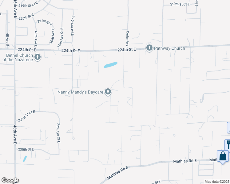 map of restaurants, bars, coffee shops, grocery stores, and more near 5612 228th Street East in Spanaway