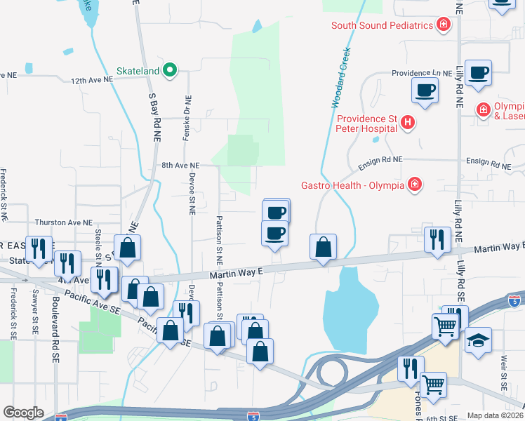 map of restaurants, bars, coffee shops, grocery stores, and more near 3034 Applehill Court Northeast in Olympia