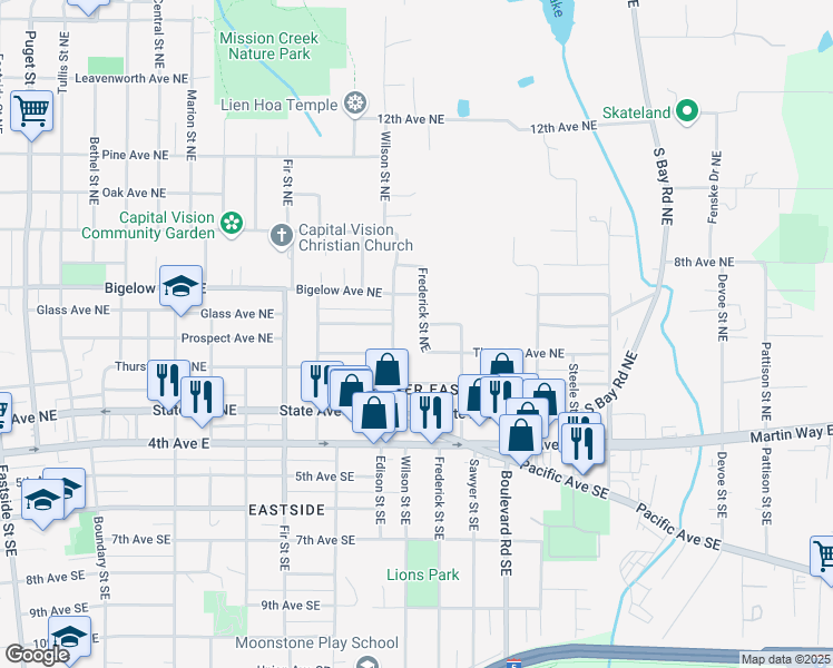 map of restaurants, bars, coffee shops, grocery stores, and more near 415 Frederick Street Northeast in Olympia