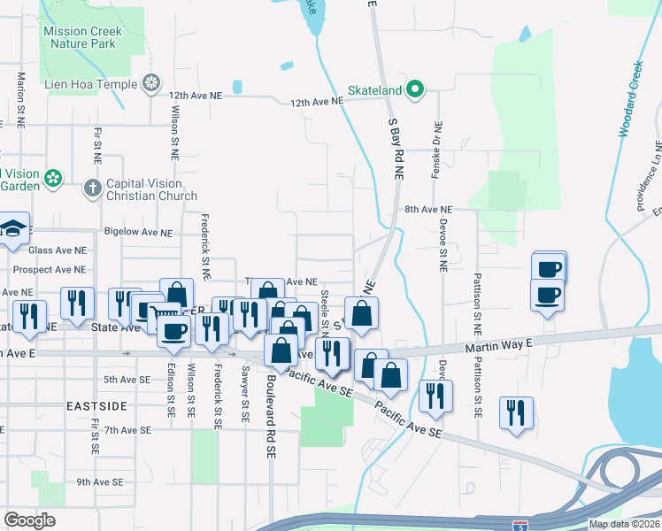 map of restaurants, bars, coffee shops, grocery stores, and more near 2429 Prospect Avenue Northeast in Olympia