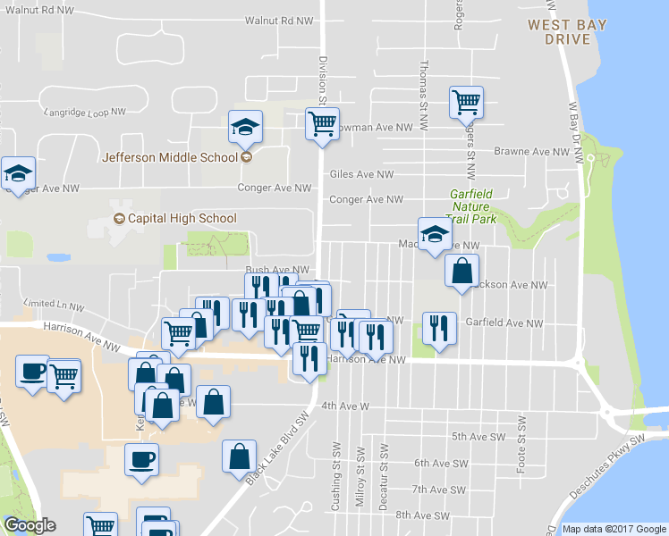 map of restaurants, bars, coffee shops, grocery stores, and more near 413 Cushing Street Northwest in Olympia