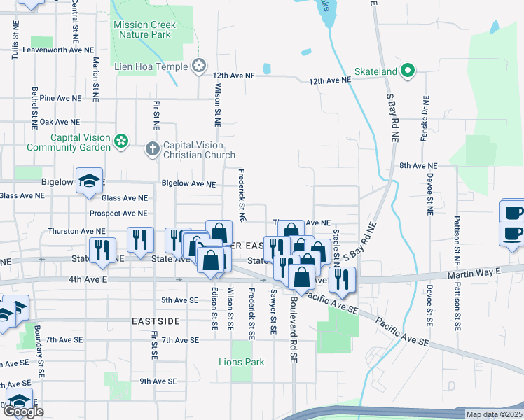 map of restaurants, bars, coffee shops, grocery stores, and more near 413 Sawyer Street Southeast in Olympia