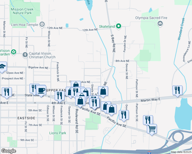 map of restaurants, bars, coffee shops, grocery stores, and more near 2511 Prospect Avenue Northeast in Olympia