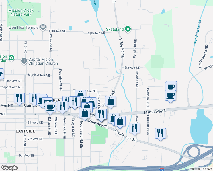 map of restaurants, bars, coffee shops, grocery stores, and more near 419 Phoenix Street Northeast in Olympia