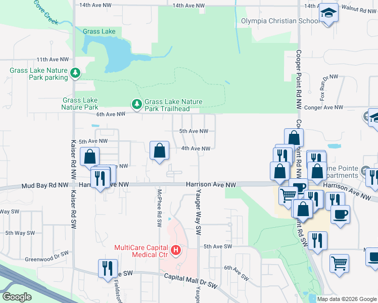 map of restaurants, bars, coffee shops, grocery stores, and more near 3709 4th Avenue Northwest in Olympia