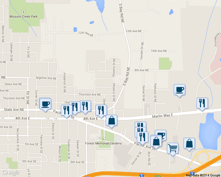 map of restaurants, bars, coffee shops, grocery stores, and more near 419 Phoenix Street Northeast in Olympia