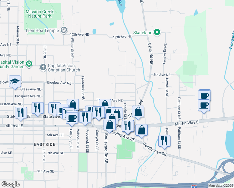 map of restaurants, bars, coffee shops, grocery stores, and more near 2311 Prospect Avenue Northeast in Olympia