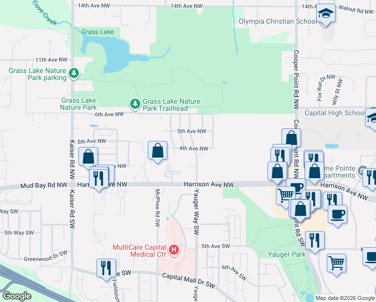 map of restaurants, bars, coffee shops, grocery stores, and more near 3709 4th Avenue Northwest in Olympia