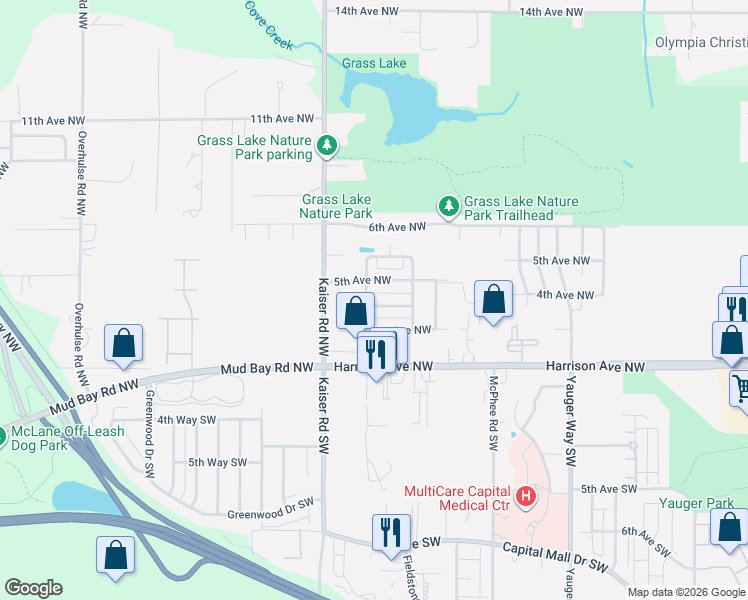 map of restaurants, bars, coffee shops, grocery stores, and more near 4412 Firewillow Way Northwest in Olympia