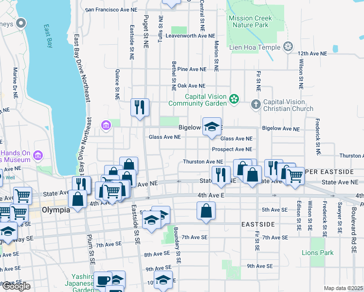 map of restaurants, bars, coffee shops, grocery stores, and more near 505 Garrison Street Northeast in Olympia