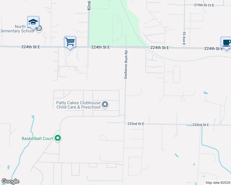 map of restaurants, bars, coffee shops, grocery stores, and more near 8502 228th Street Court East in Graham