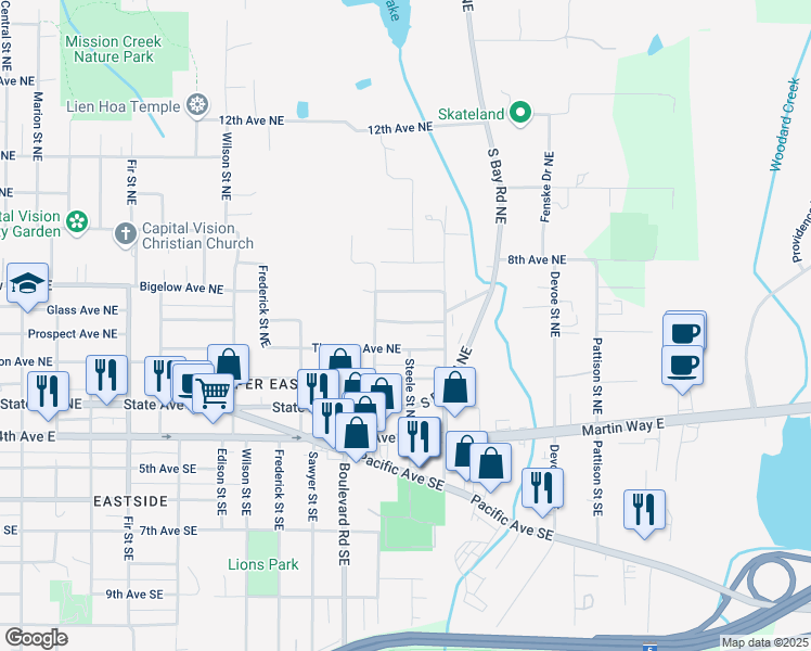 map of restaurants, bars, coffee shops, grocery stores, and more near 2429 Prospect Avenue Northeast in Olympia