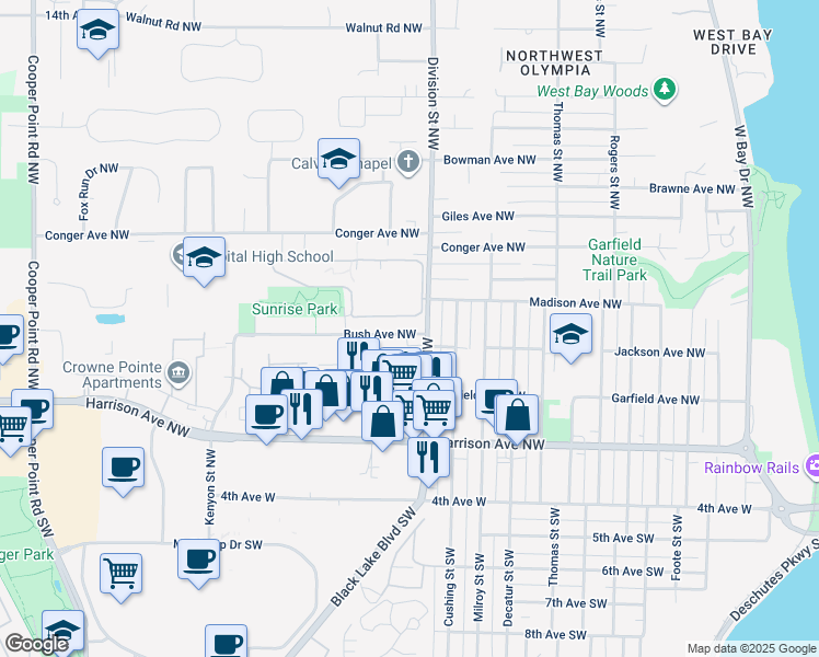 map of restaurants, bars, coffee shops, grocery stores, and more near 2014 Bush Avenue Northwest in Olympia