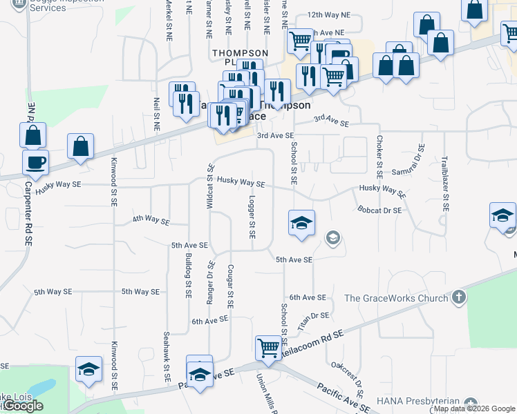 map of restaurants, bars, coffee shops, grocery stores, and more near 422 Logger Street Southeast in Olympia
