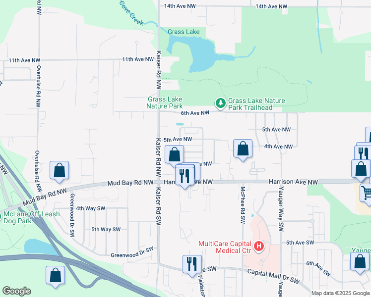 map of restaurants, bars, coffee shops, grocery stores, and more near 4412 Firewillow Way Northwest in Olympia
