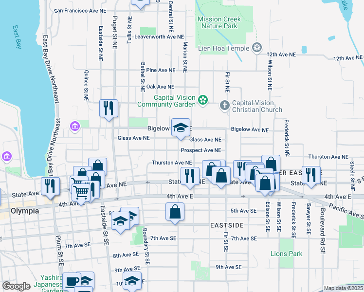 map of restaurants, bars, coffee shops, grocery stores, and more near 506 Central Street Southeast in Olympia