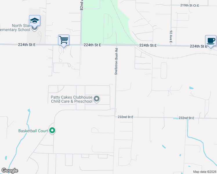 map of restaurants, bars, coffee shops, grocery stores, and more near 8502 228th Street Court East in Graham