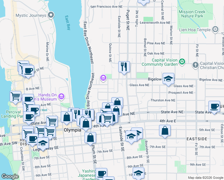 map of restaurants, bars, coffee shops, grocery stores, and more near 502 Eastside Street Northeast in Olympia