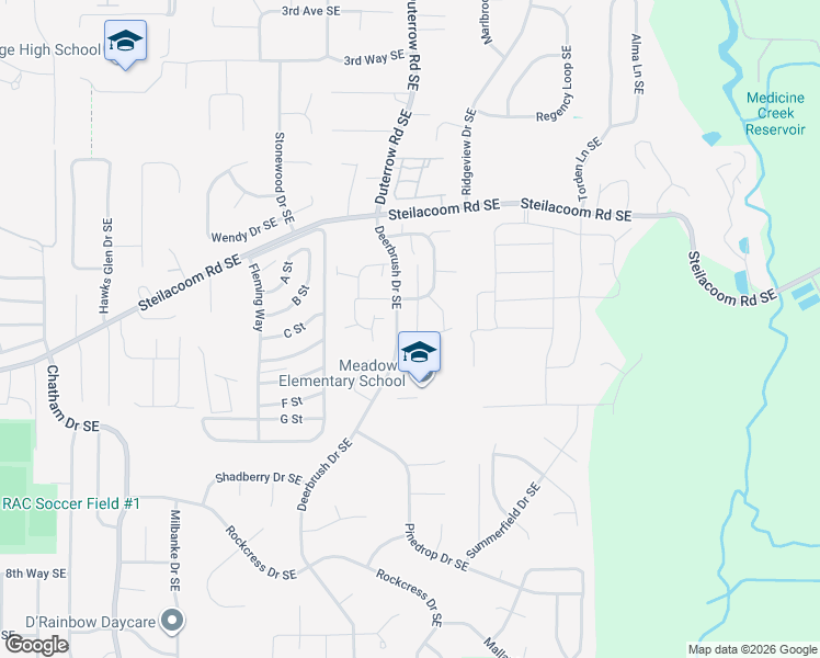 map of restaurants, bars, coffee shops, grocery stores, and more near 733 Edelweiss Lane Southeast in Olympia