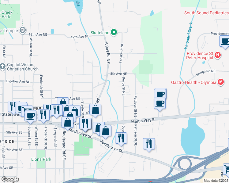 map of restaurants, bars, coffee shops, grocery stores, and more near 421 Devoe Street Northeast in Olympia