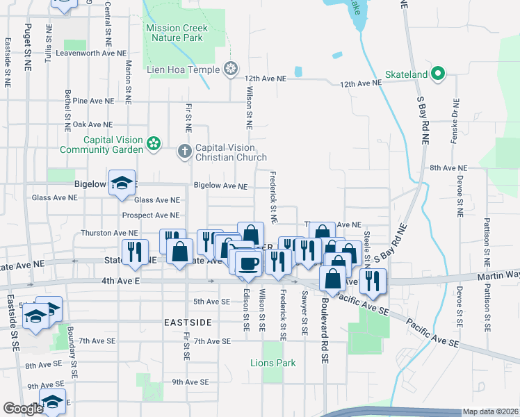 map of restaurants, bars, coffee shops, grocery stores, and more near 415 Frederick Street Northeast in Olympia