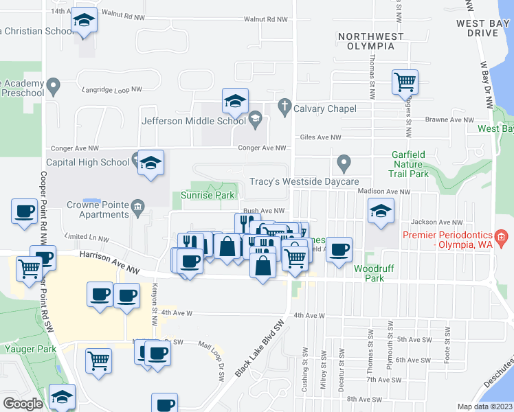 map of restaurants, bars, coffee shops, grocery stores, and more near 2200 Bush Avenue Northwest in Olympia