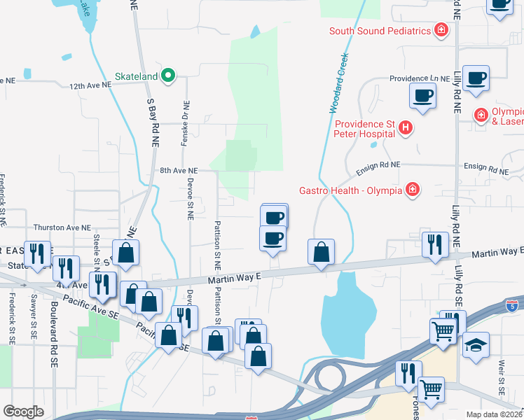 map of restaurants, bars, coffee shops, grocery stores, and more near 3034 Applehill Court Northeast in Olympia