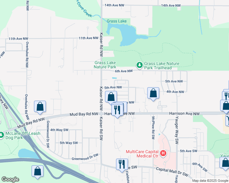 map of restaurants, bars, coffee shops, grocery stores, and more near 4412 Firewillow Way Northwest in Olympia