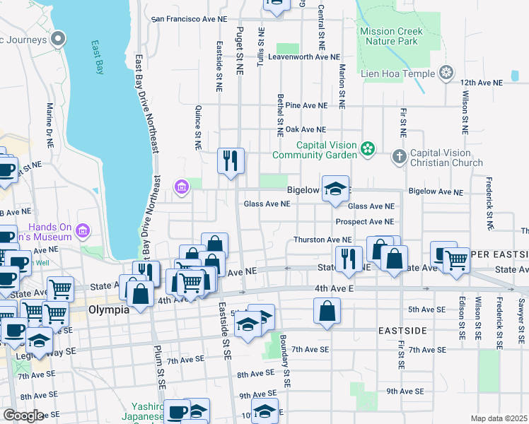 map of restaurants, bars, coffee shops, grocery stores, and more near 506 Tullis Street Northeast in Olympia