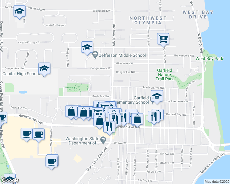 map of restaurants, bars, coffee shops, grocery stores, and more near 413 Cushing Street Northwest in Olympia