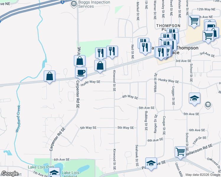 map of restaurants, bars, coffee shops, grocery stores, and more near 6748 3rd Way Southeast in Lacey