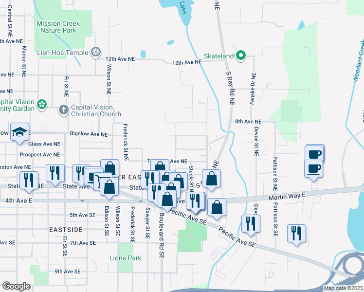 map of restaurants, bars, coffee shops, grocery stores, and more near 2412 Prospect Avenue Northeast in Olympia
