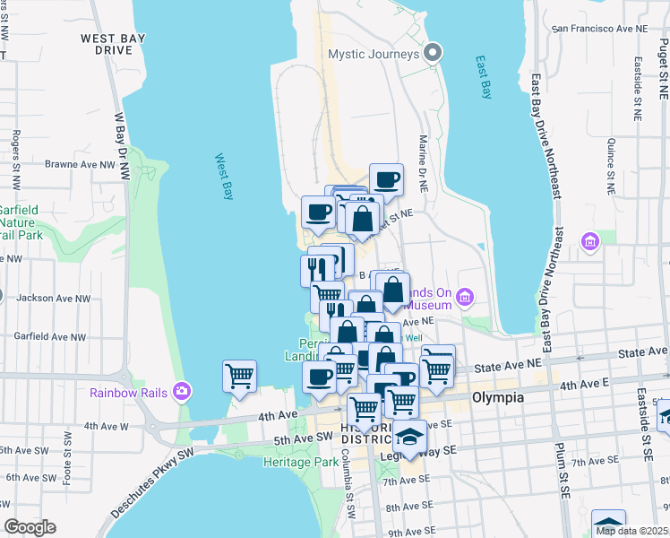 map of restaurants, bars, coffee shops, grocery stores, and more near 601 Capitol Way North in Olympia