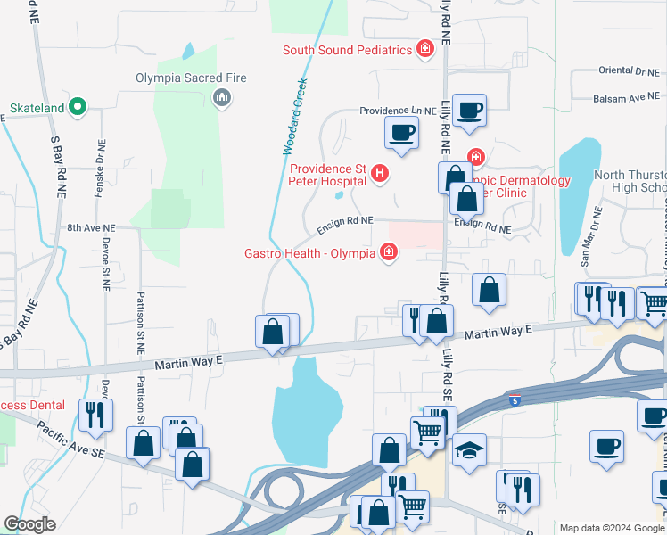 map of restaurants, bars, coffee shops, grocery stores, and more near 3333 Ensign Road Northeast in Olympia