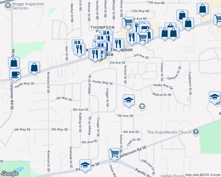 map of restaurants, bars, coffee shops, grocery stores, and more near 422 Logger Street Southeast in Olympia