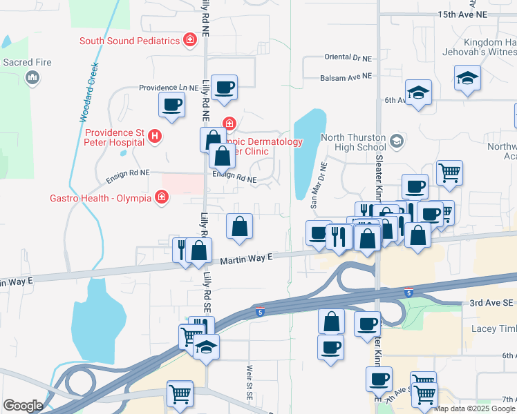 map of restaurants, bars, coffee shops, grocery stores, and more near 206 Lilly Road Northeast in Olympia