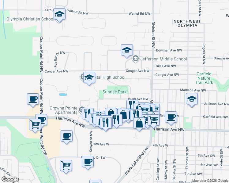 map of restaurants, bars, coffee shops, grocery stores, and more near 505 Bing Street Northwest in Olympia