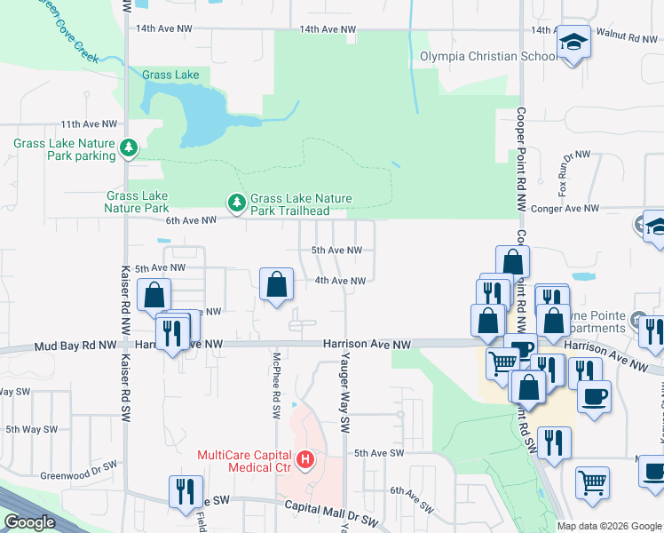 map of restaurants, bars, coffee shops, grocery stores, and more near 415 Yauger Way Northwest in Olympia